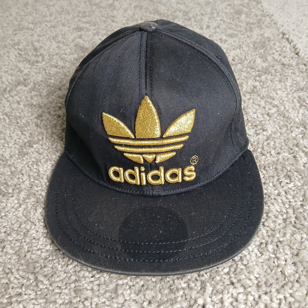 Adidas Originals Trefoil Snapback Hat Black Gold Metallic Logo Flat Brim Mens‎ L
